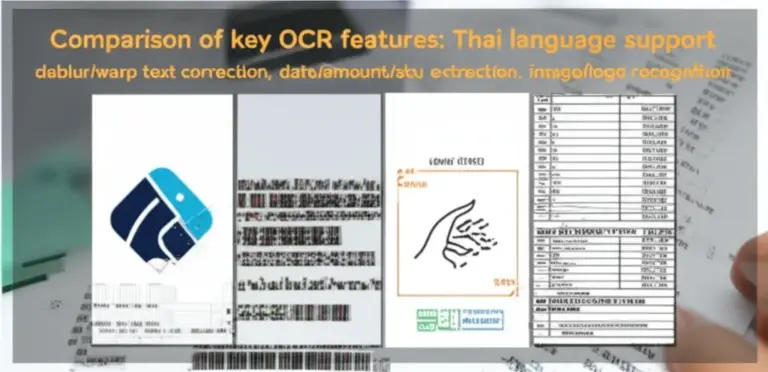 ฟีเจอร์สำคัญเปรียบเทียบกัน: การรองรับภาษาไทย, การจัดการตัวอักษรเบลอ/บิดเบี้ยว, การสกัดวันที่/ยอดเงิน/รหัสสินค้า และความสามารถในการอ่านภาพ/โลโก้