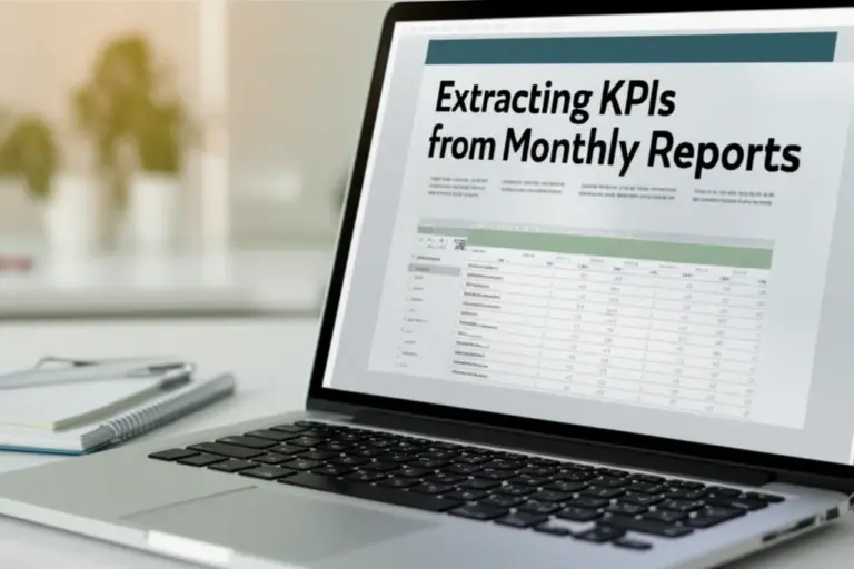 สร้างหัวข้อหลัก (H1) และ 4 หัวข้อย่อย (H2) สำหรับบทความเกี่ยวกับการสกัด KPI จากรายงานประจำเดือนแล้วส่งออกเป็นตาราง