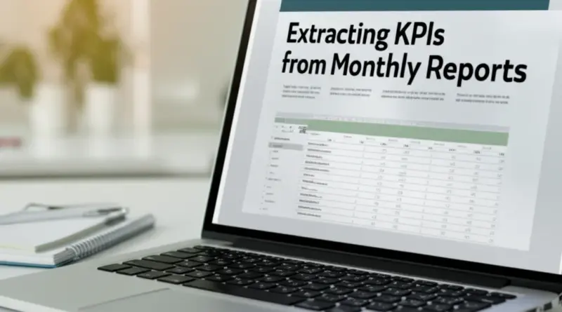 สร้างหัวข้อหลัก (H1) และ 4 หัวข้อย่อย (H2) สำหรับบทความเกี่ยวกับการสกัด KPI จากรายงานประจำเดือนแล้วส่งออกเป็นตาราง