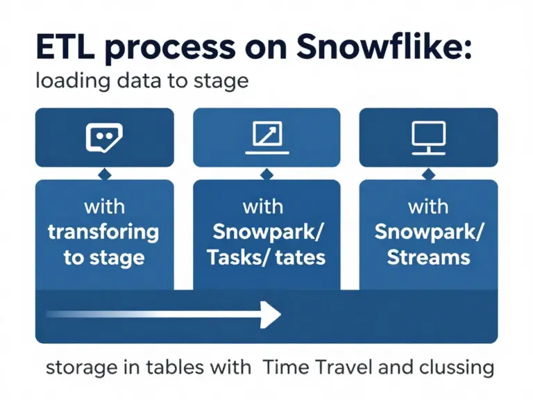 ขั้นตอน ETL บน Snowflake: การโหลดข้อมูลลง Stage, แปลงด้วย Snowpark/Tasks/Streams, และการจัดเก็บในตาราง/Time Travel/Clustering