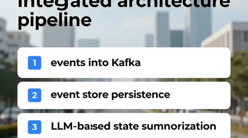 สถาปัตยกรรมแบบรวม: ออกแบบ pipeline ตั้งแต่การส่งเหตุการณ์เข้า Kafka, การเก็บแบบ Event Store จนถึงการเรียกใช้ LLM สำหรับสรุปสถานะ